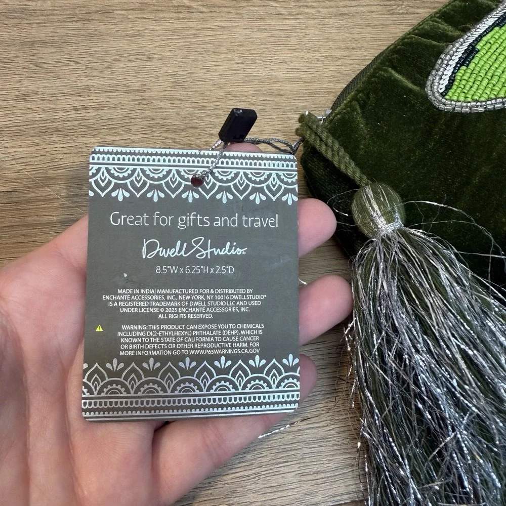 DwellStudio Hand Beaded Martini Velvet Cosmetic Bag Green Olive Makeup Pouch NWT